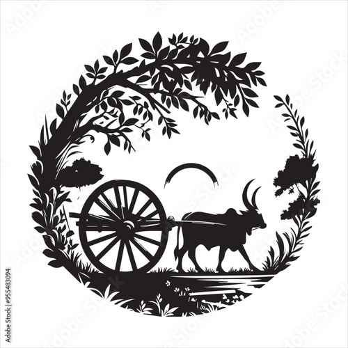 bullock cart wheel silhouette vector With White Background 