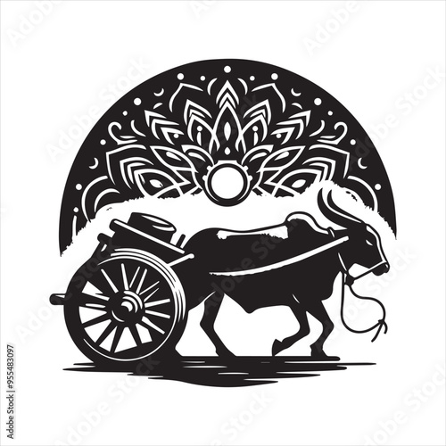 bullock cart wheel silhouette vector With White Background 