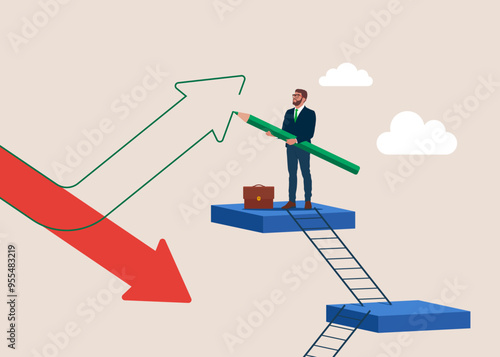 Businessman holding a green pencil and draw green arrow rising up from red pointing down arrow. Modern flat vector illustration