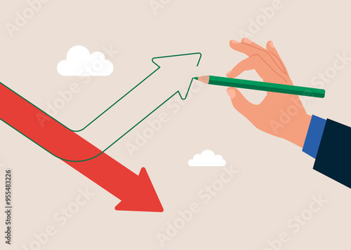 Hand holding a green pencil and draw green arrow rising up from red pointing down arrow. Modern flat vector illustration