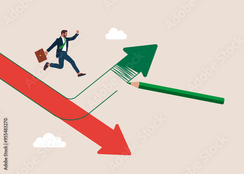 Human jump from red pointing down arrow to green rising up. Recovering from the economic crisis. Modern flat vector illustration