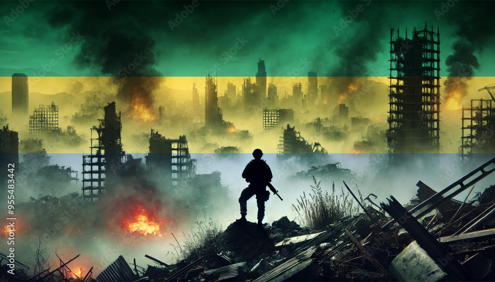 Fototapeta premium A lone soldier surveys a city in ruins, with the Gabon flag faintly overlaying the scene, representing the courage and determination of forces in times of war.
