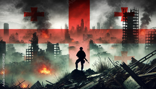 A lone soldier surveys a city in ruins, with the Georgia flag faintly overlaying the scene, representing the courage and determination of forces in times of war.