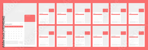 Calendar 2025, Calendar 2025 Sunday Start Free Space for Branding, Business Red Design Template.