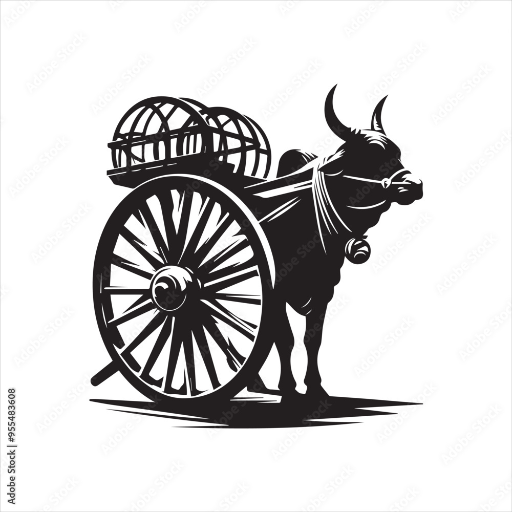 Fototapeta premium bullock cart wheel silhouette vector With White Background 