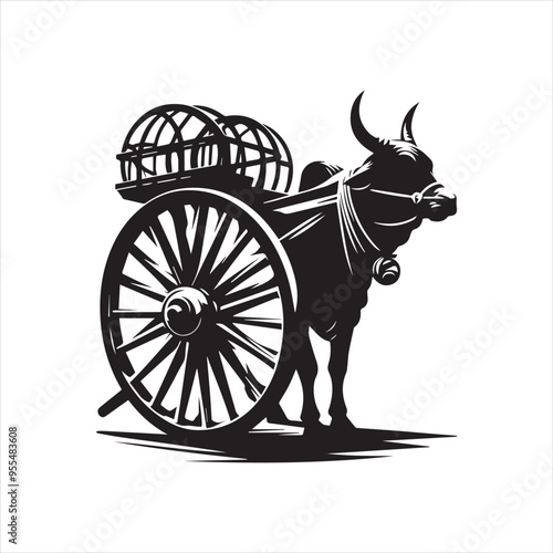 bullock cart wheel silhouette vector With White Background 