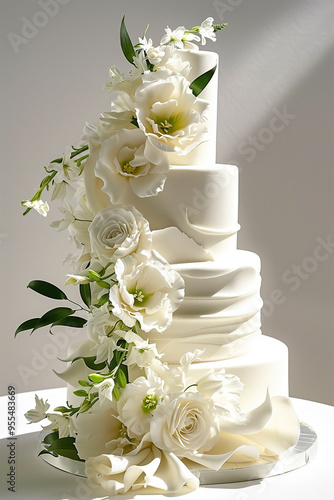 4 tier white simple wedding cake decorated with huge sugar flowers photo