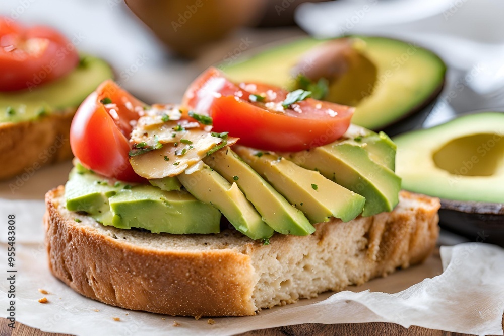 A slice of toasted sour dough bread with avocado and tomato on top A slice of toasted sour dough bread with avocado and tomato on top