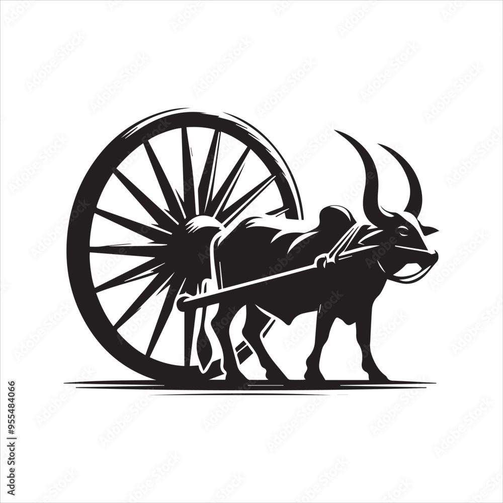 Fototapeta premium bullock cart wheel silhouette vector With White Background 