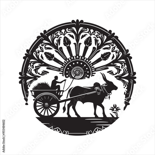 bullock cart wheel silhouette vector With White Background 