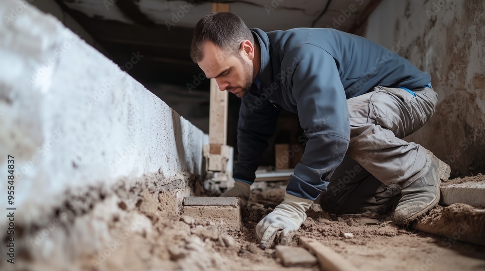 Worker performing excavation and foundation repair in a building basement during daylight hours Worker performing excavation and foundation repair in a building basement during daylight hours