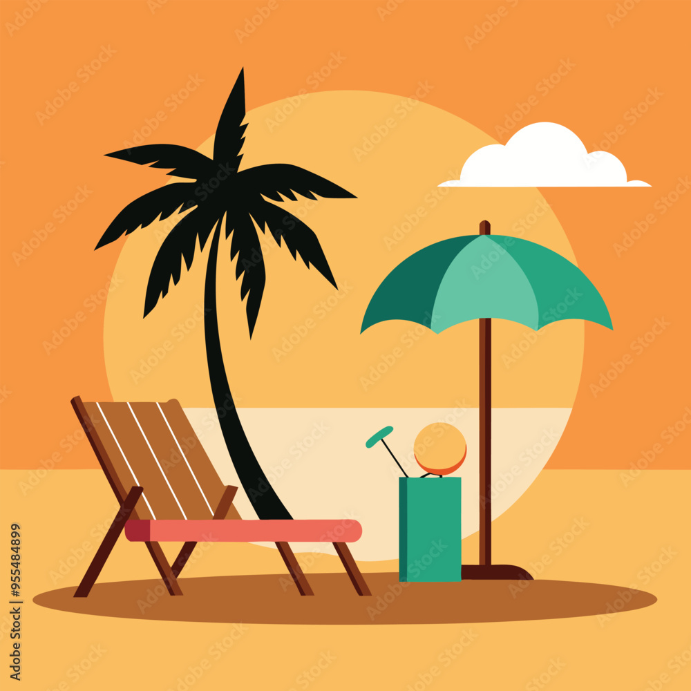 Obraz premium Sunset in sea beach tropical place scene color vector illustration