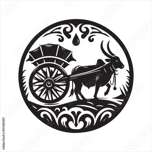 bullock cart wheel silhouette vector With White Background 