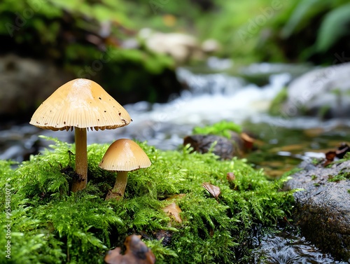 Serene scene of mushrooms growing on lush moss by a gentle stream, showcasing nature's tranquility and beauty. photo