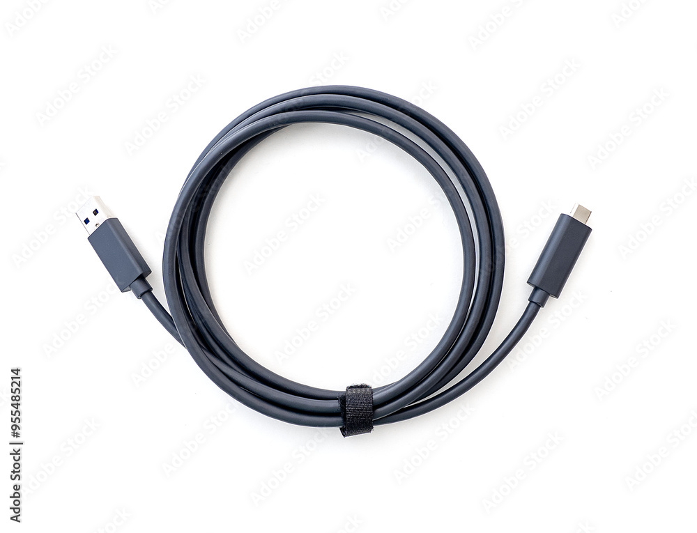 Twisted cable with standard USB and USB-C Type-C plugs isolated on white Twisted cable with standard USB and USB-C Type-C plugs isolated on white