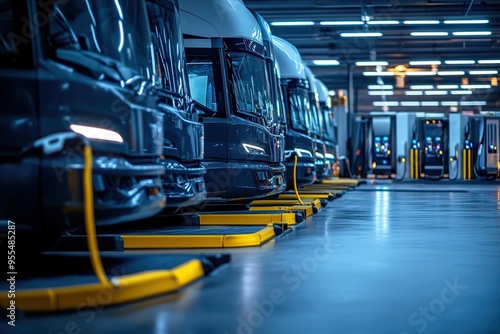 Electric buses charging at modern bus depot photo