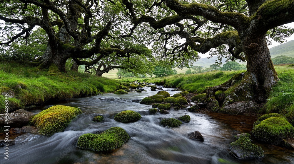 Serene landscape featuring a winding stream, lush green grass, and majestic trees under a cloudy sky. Serene landscape featuring a winding stream, lush green grass, and majestic trees under a cloudy sky.