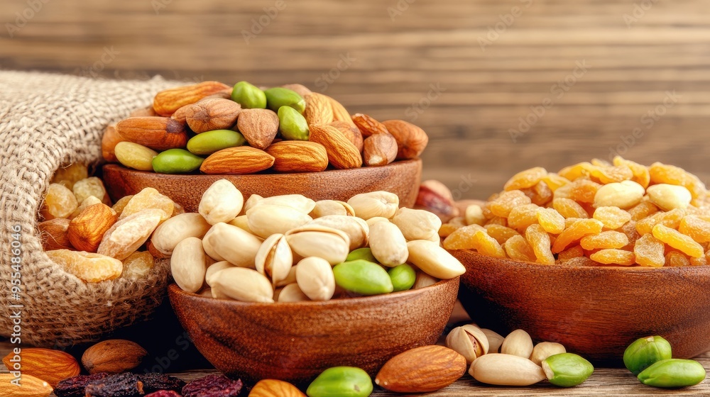 Brightly colored dried fruits, nuts, and spices are carefully arranged in wooden bowls on a rustic table, with a burlap sack adding a touch of natural texture in the background Brightly colored dried fruits, nuts, and spices are carefully arranged in wooden bowls on a rustic table, with a burlap sack adding a touch of natural texture in the background