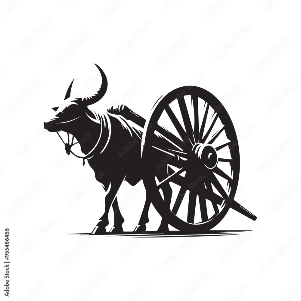 Fototapeta premium bullock cart wheel silhouette vector With White Background 
