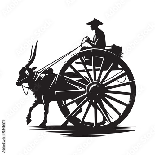 bullock cart wheel silhouette vector With White Background 