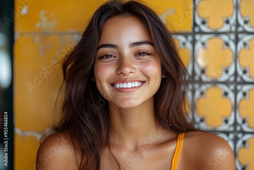 hispanic pretty woman smiling positively and confidently, looking satisfied, friendly and happy, Generative AI