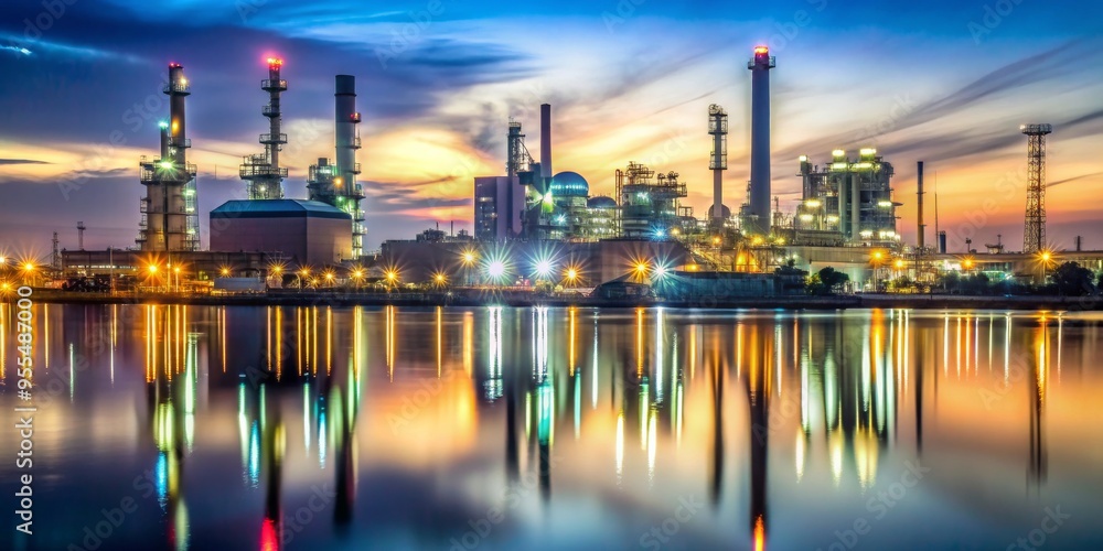 Naklejka premium Industrial Sunset Reflections, Industrial, Factory, Night, Reflection