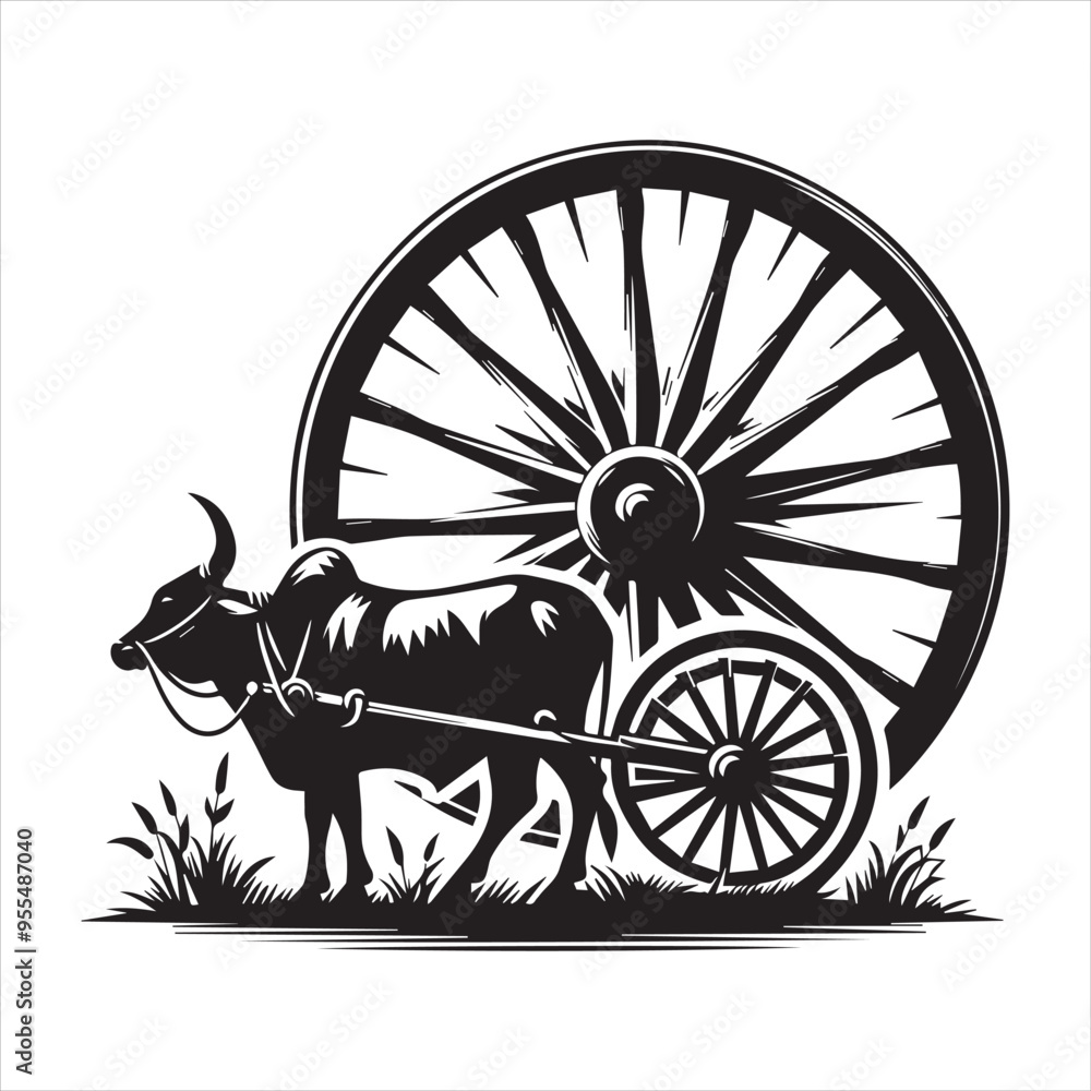 Fototapeta premium bullock cart wheel silhouette vector With White Background