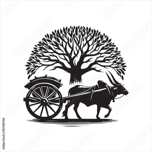 bullock cart wheel silhouette vector With White Background 