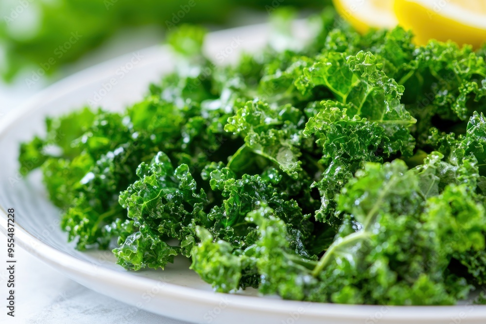 Fresh Green Kale Salad on White Plate Fresh Green Kale Salad on White Plate
