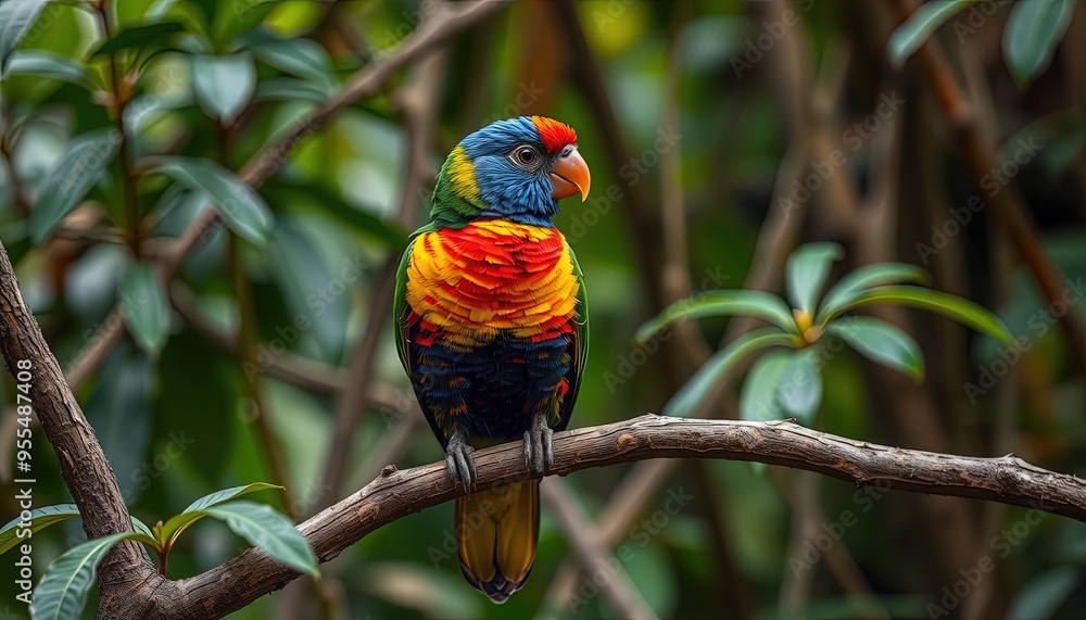Obraz premium colored beautiful bird sitting on the tree in the jungle, colored wild bird, colored wild bird sitting on the branch of tree in jungle