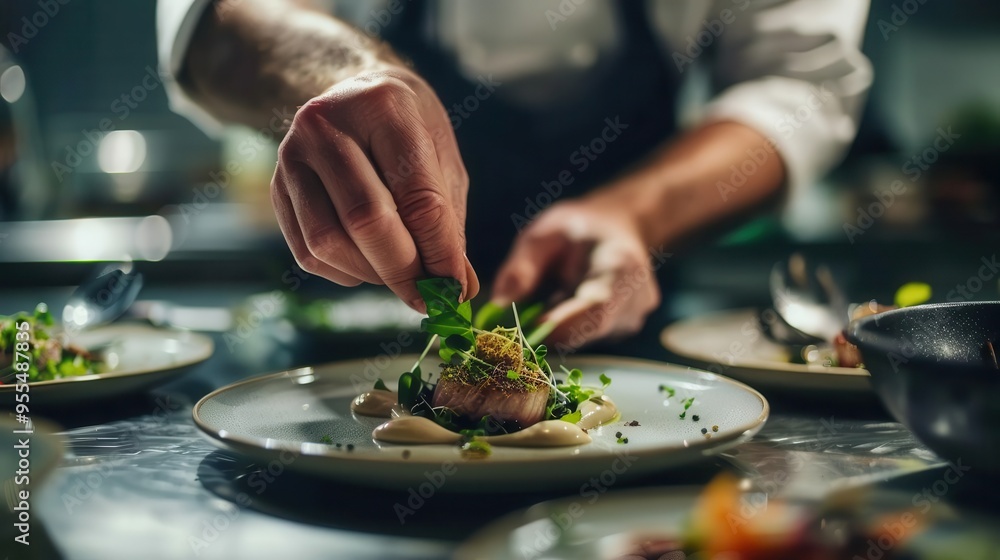 culinary artistry in action chefs hands delicately garnishing gourmet dish closeup of precise plating vibrant ingredients elegant restaurant ambiance soft focus background culinary artistry in action chefs hands delicately garnishing gourmet dish closeup of precise plating vibrant ingredients elegant restaurant ambiance soft focus background