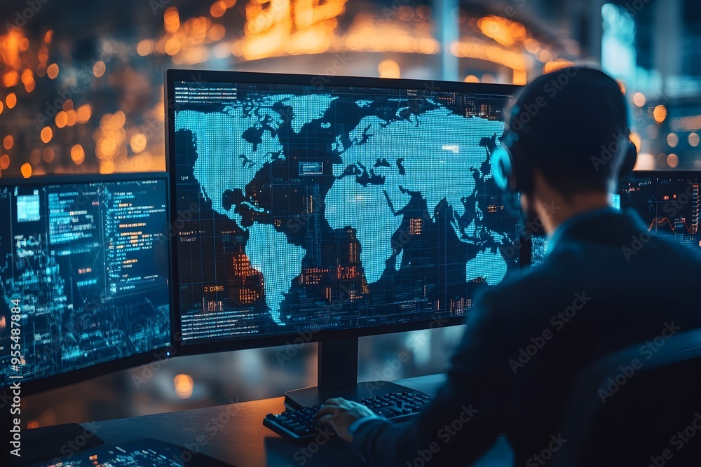 Hacker Analyzing Digital World Map on Multiple Screens in Workplace Hacker Analyzing Digital World Map on Multiple Screens in Workplace