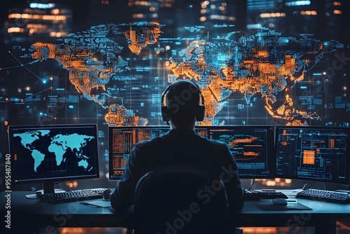 Cybersecurity Analyst Monitoring Global Digital Infrastructure on Multiple Screens