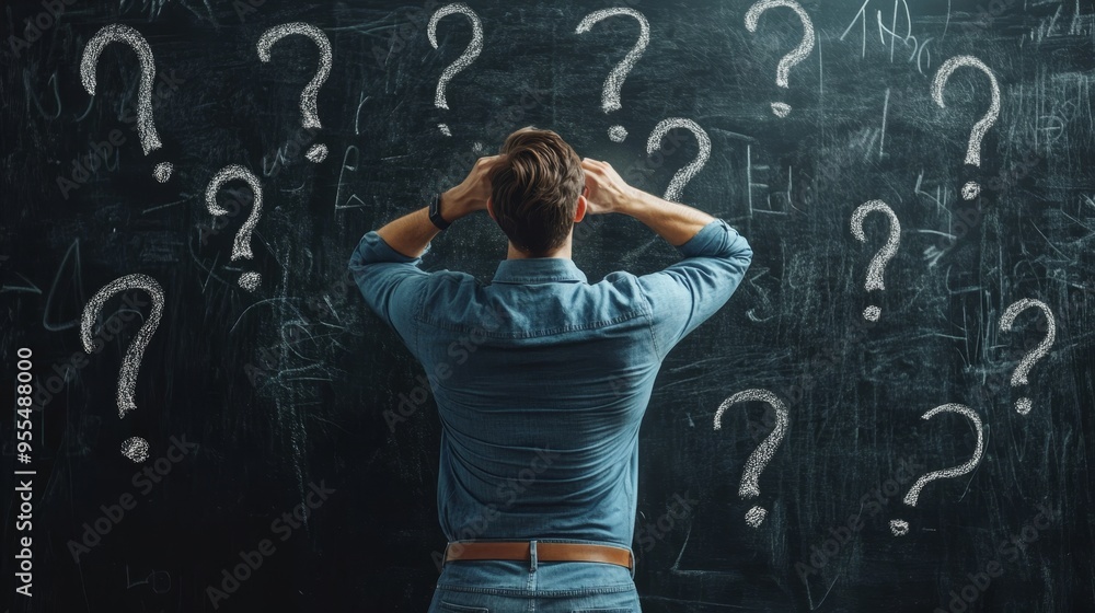 Stressed European businessman contemplating solutions in front of a chalkboard filled with questions Stressed European businessman contemplating solutions in front of a chalkboard filled with questions