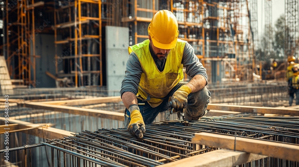 A construction worker wearing a yellow hard hat and safety vest is working on a building site, handling steel rebar. A construction worker wearing a yellow hard hat and safety vest is working on a building site, handling steel rebar.