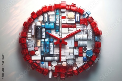 Clock made of medical containers and pills with red outer frame photo