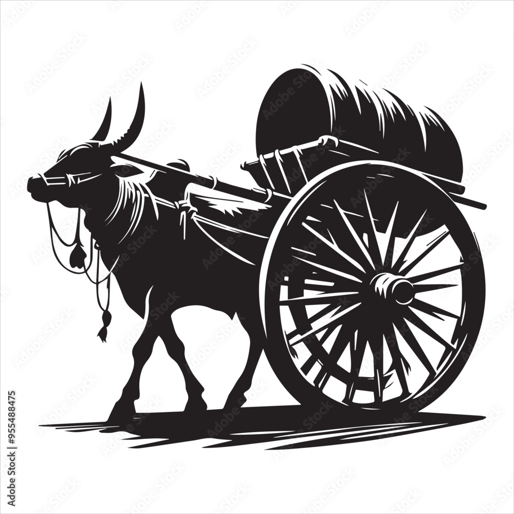 Fototapeta premium bullock cart wheel silhouette vector With White Background 