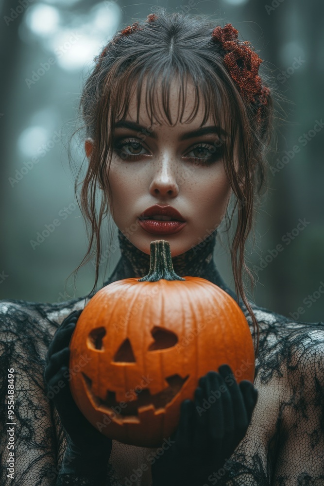 Goth inspired woman, holding a carved pumpkin, fashion and make-up shoot Portrait. Gothic, Goth, Victorian, Dark style fashion. Dark smokey make-up, red lipstick. Dramatic. Elegant.
Goth inspired woman, holding a carved pumpkin, fashion and make-up shoot Portrait. Gothic, Goth, Victorian, Dark style fashion. Dark smokey make-up, red lipstick. Dramatic. Elegant.