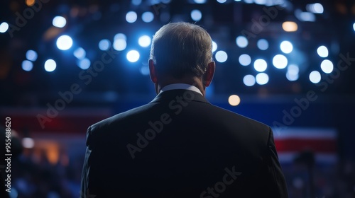 Rear view of the US president addressing supporters during a presidential election rally