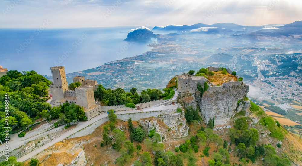 Aerial view of historic town of Erice near Trapani. Castello di Venere, Sicily, Italy. Aerial view of historic town of Erice near Trapani. Castello di Venere, Sicily, Italy.