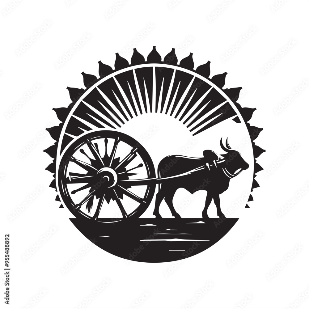 Fototapeta premium bullock cart wheel silhouette vector With White Background 