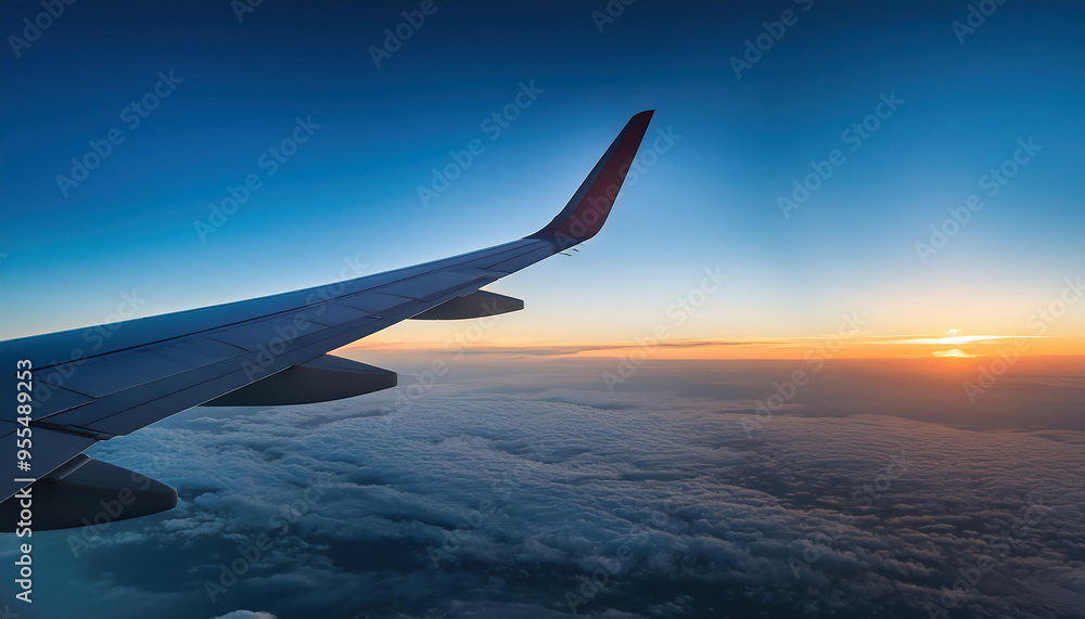 wing of airplane flying in cloudless evening sunset sky. wing of airplane flying in cloudless evening sunset sky.