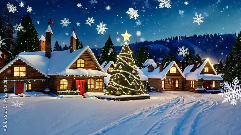 A serene Christmas village scene at night, blanketed in freshly fallen snow. The warm glow of Christmas lights adorns cozy A serene Christmas village scene at night, blanketed in freshly fallen snow. The warm glow of Christmas lights adorns cozy
