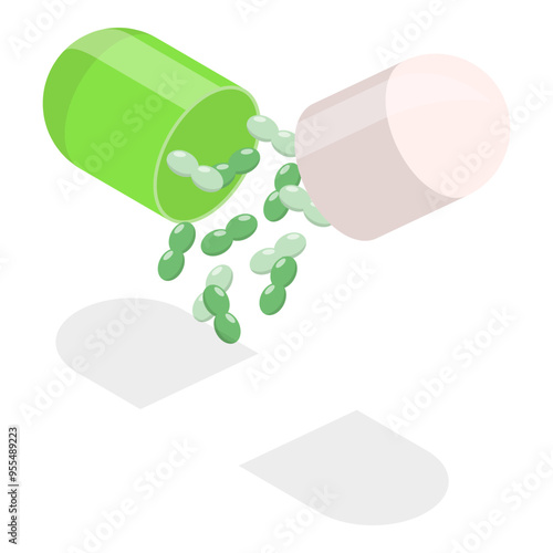 3D Isometric Flat Vector Set of Probiotics Pills, Microbiome Elements in Medical Capsules. Item 3