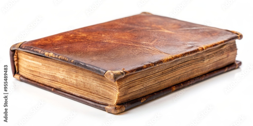 Leather Bound Antique Book, Close-up, White Background, Aged, Vintage, Library, History Leather Bound Antique Book, Close-up, White Background, Aged, Vintage, Library, History