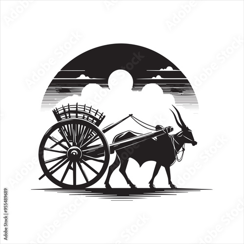 bullock cart wheel silhouette vector With White Background 
