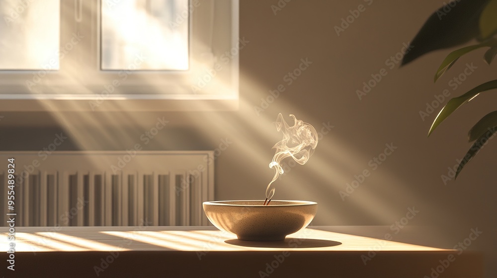 Obraz premium Incense stick burning in ceramic bowl with sunlight streaming through window
