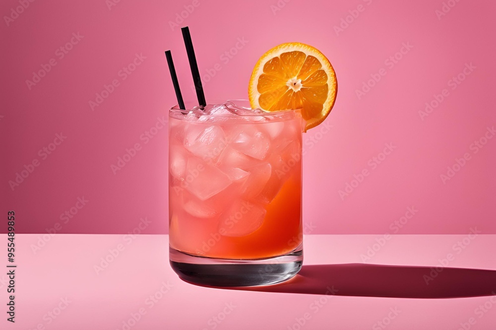 A glass of pink drink with a slice of orange on top. The drink is served in a short glass with a black straw A glass of pink drink with a slice of orange on top. The drink is served in a short glass with a black straw