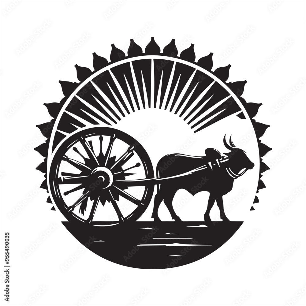 Fototapeta premium bullock cart wheel silhouette vector With White Background 