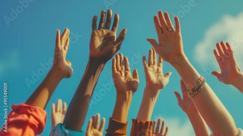 diverse hands of all skin tones reaching skyward in unity powerful symbol of equality inclusion and solidarity vibrant colors and dynamic composition convey strength in diversity